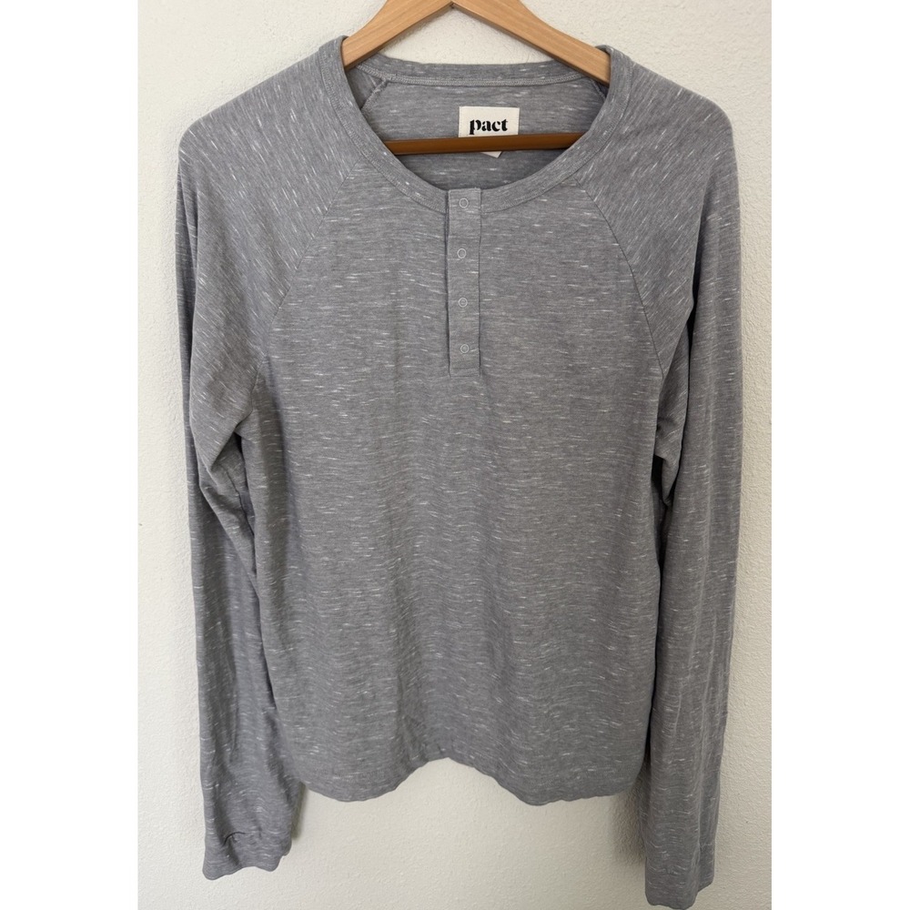 PACT Men's M Gray Heather Long Sleeve Organic Cotton Tee Casual Snap Buttons
